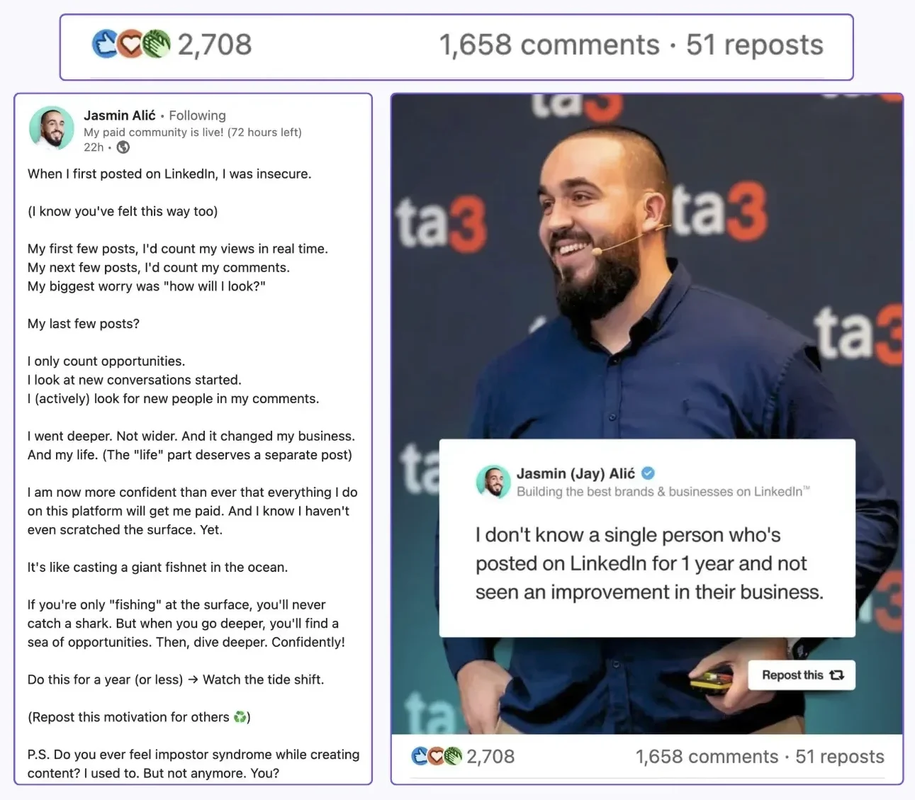 A comparison between a LinkedIn post with visual support and one without, and the effect it has on the post's performance