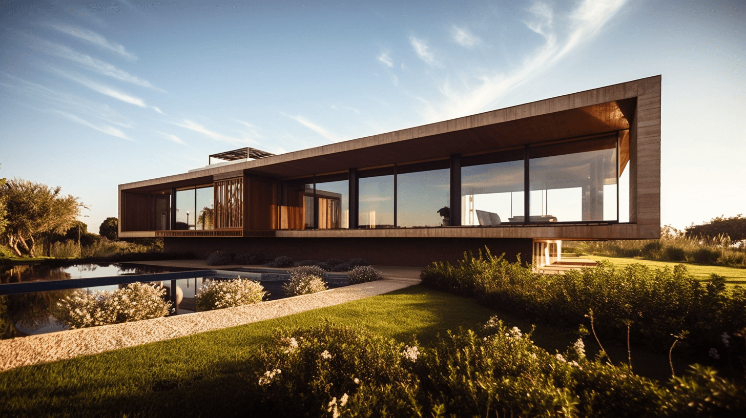 Horizontal modern home with wood and glass facade elevated above landscaped grounds with reflecting pool at sunset