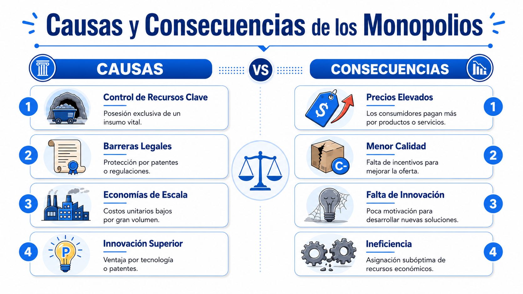 Infografía comparativa que detalla las causas principales y las consecuencias negativas provocadas por los monopolios económicos.