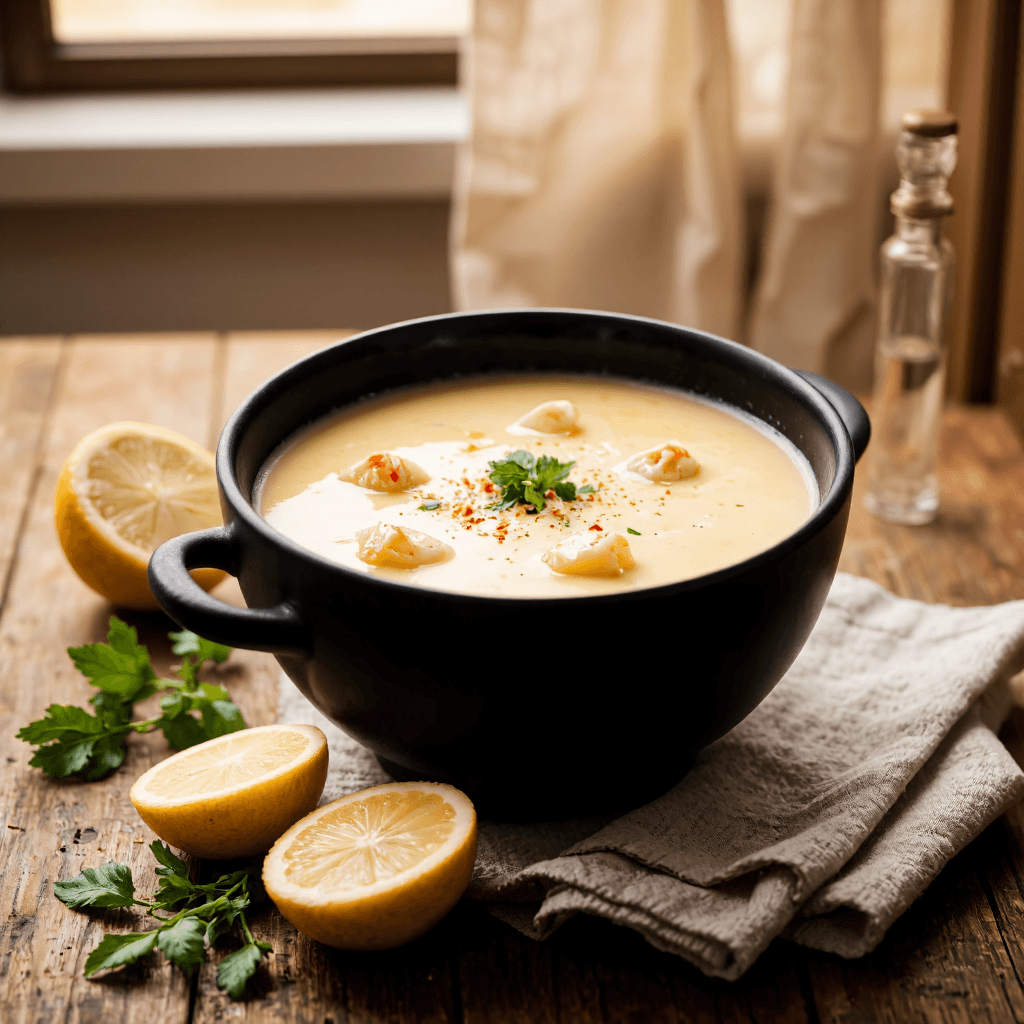 product photography of a bowl of soup with egg and seafood