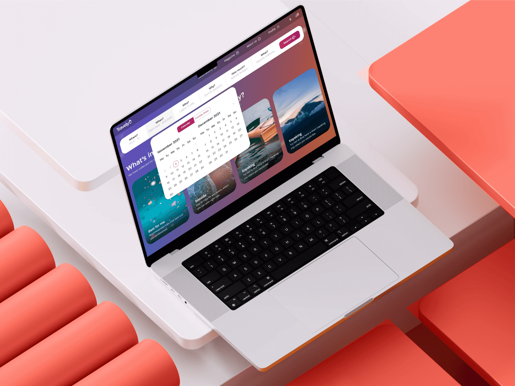 Visualisation of a laptop in the center of various shapes. It shows a search selection for a trip with possibility to select flexible dates.