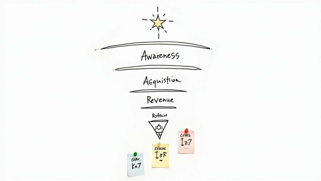 A hand-drawn marketing funnel showing stages: Awareness, Acquisition, Revenue, Retention, with sticky notes.