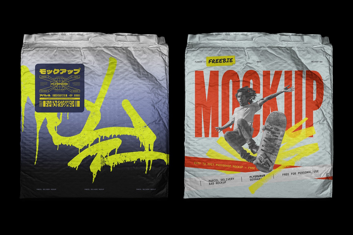 Crinkled Bubble Mailer Mockup featuring a colorful urban skateboarder graphic and yellow graffiti art on a metallic envelope