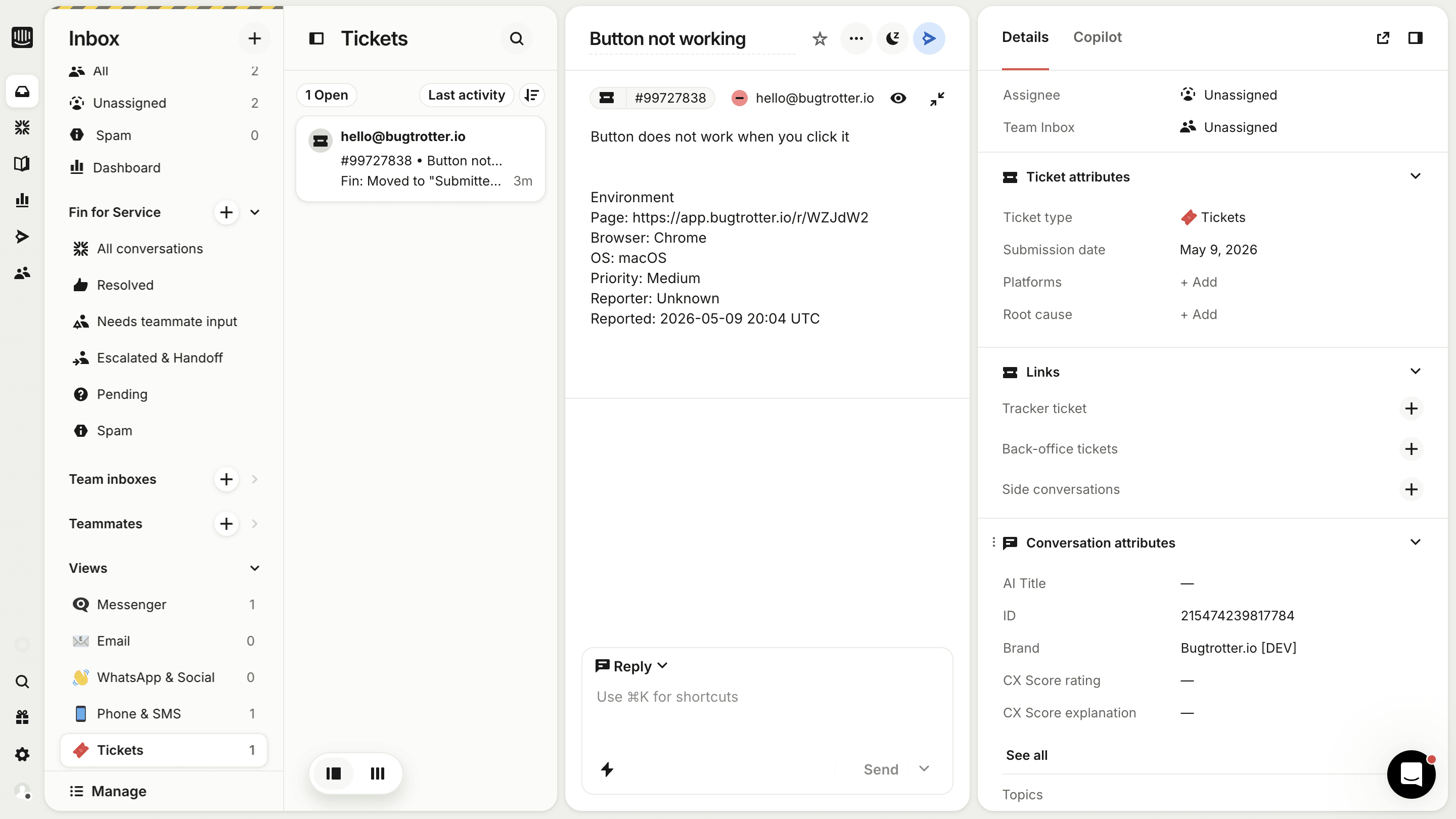 Screenshot of Linear channel showing bugtrotter bug report 