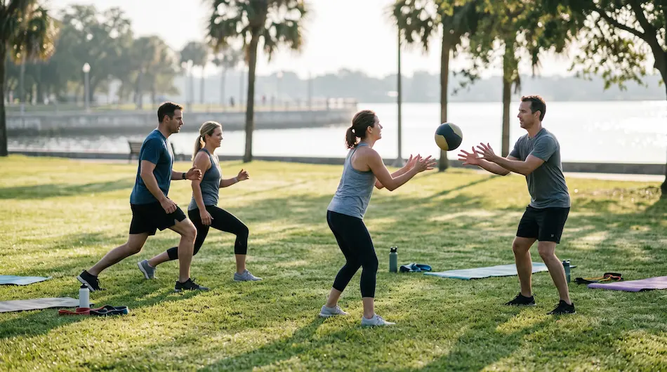 Four people doing an outdoor workout with a medicine ball on a waterfront lawn with palm trees in Bradenton, FL