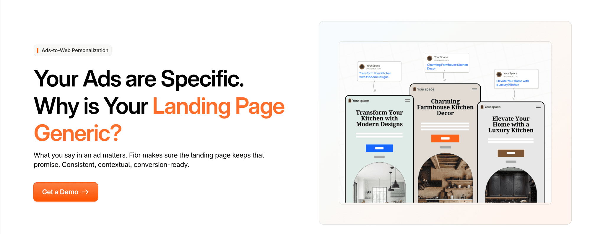 Fibr Ad Personalization showing ad-specific landing page variations for different messages.