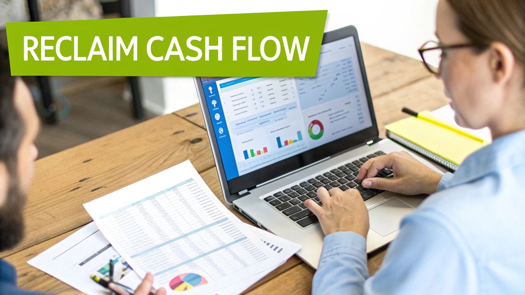 Two people analyzing financial data on a laptop and documents, with 'Reclaim Cash Flow' banner.