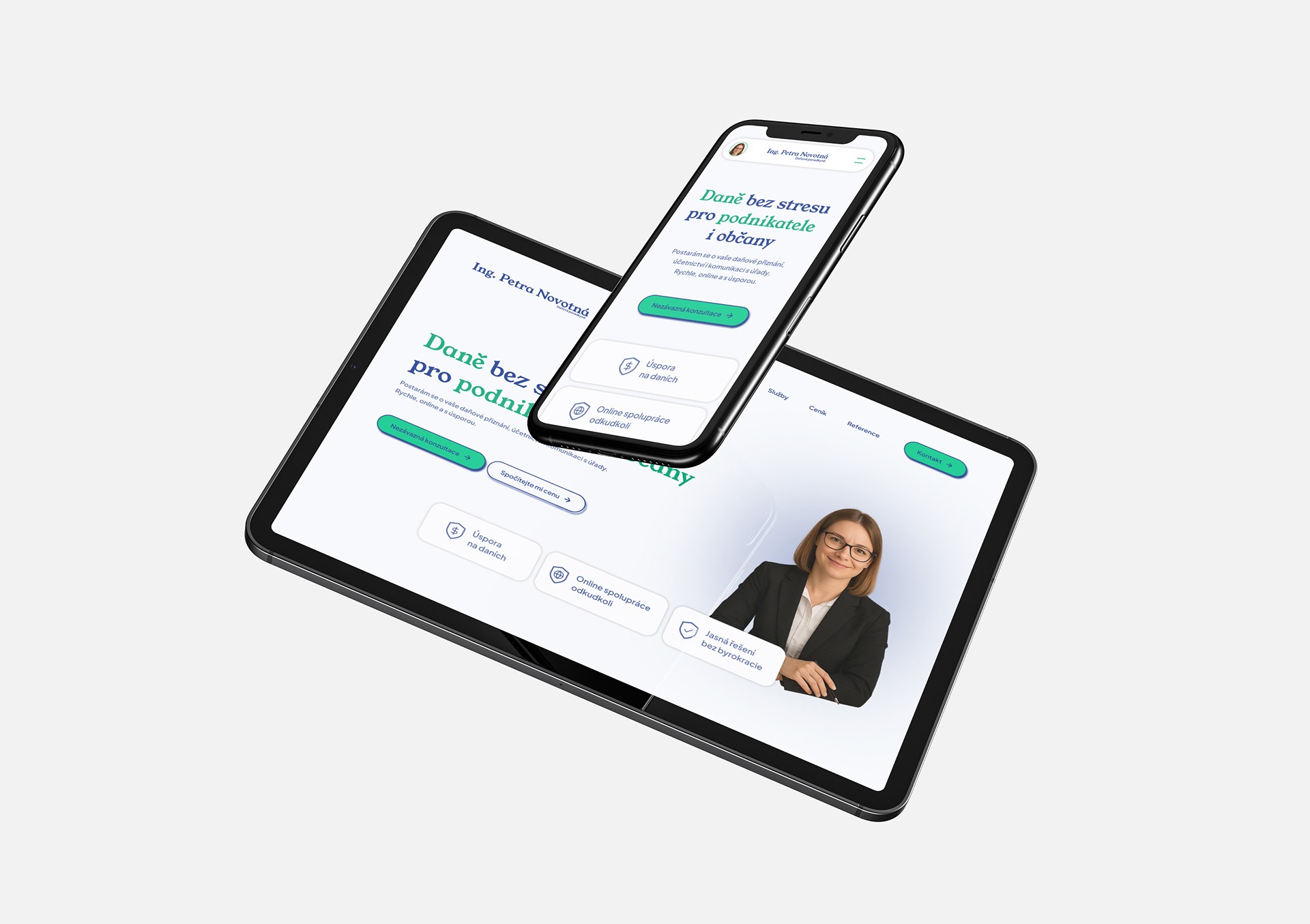 Mobilní a tabletová verze webového designu daňové poradkyně — ukázka responsivního uživatelského rozhraní.
