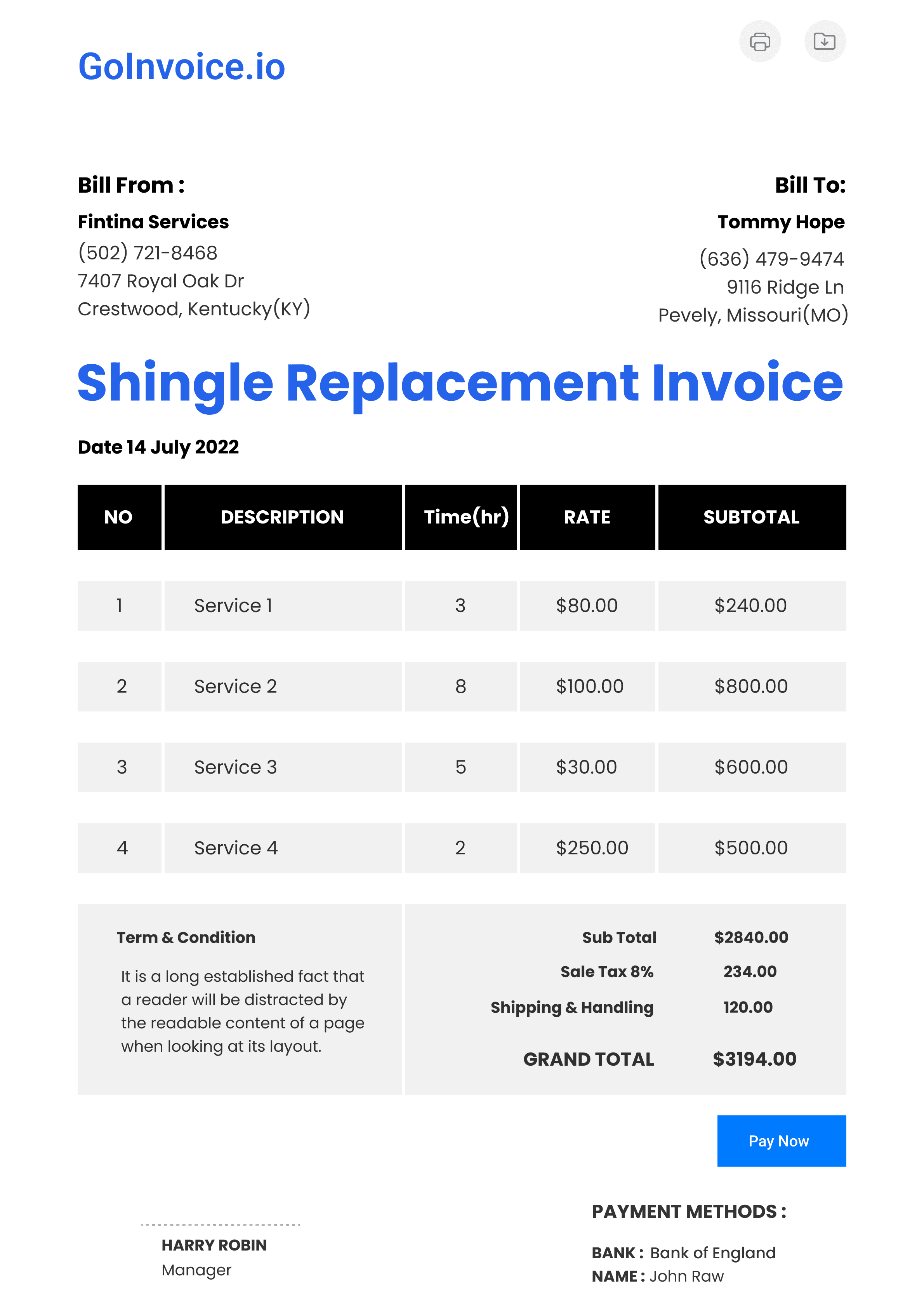 Shingle Replacement Invoice