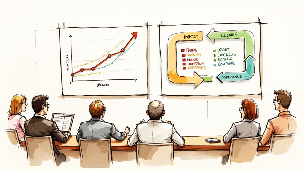 A person presenting financial charts on a screen to a group of people in a meeting room, symbolizing presenting church financials.