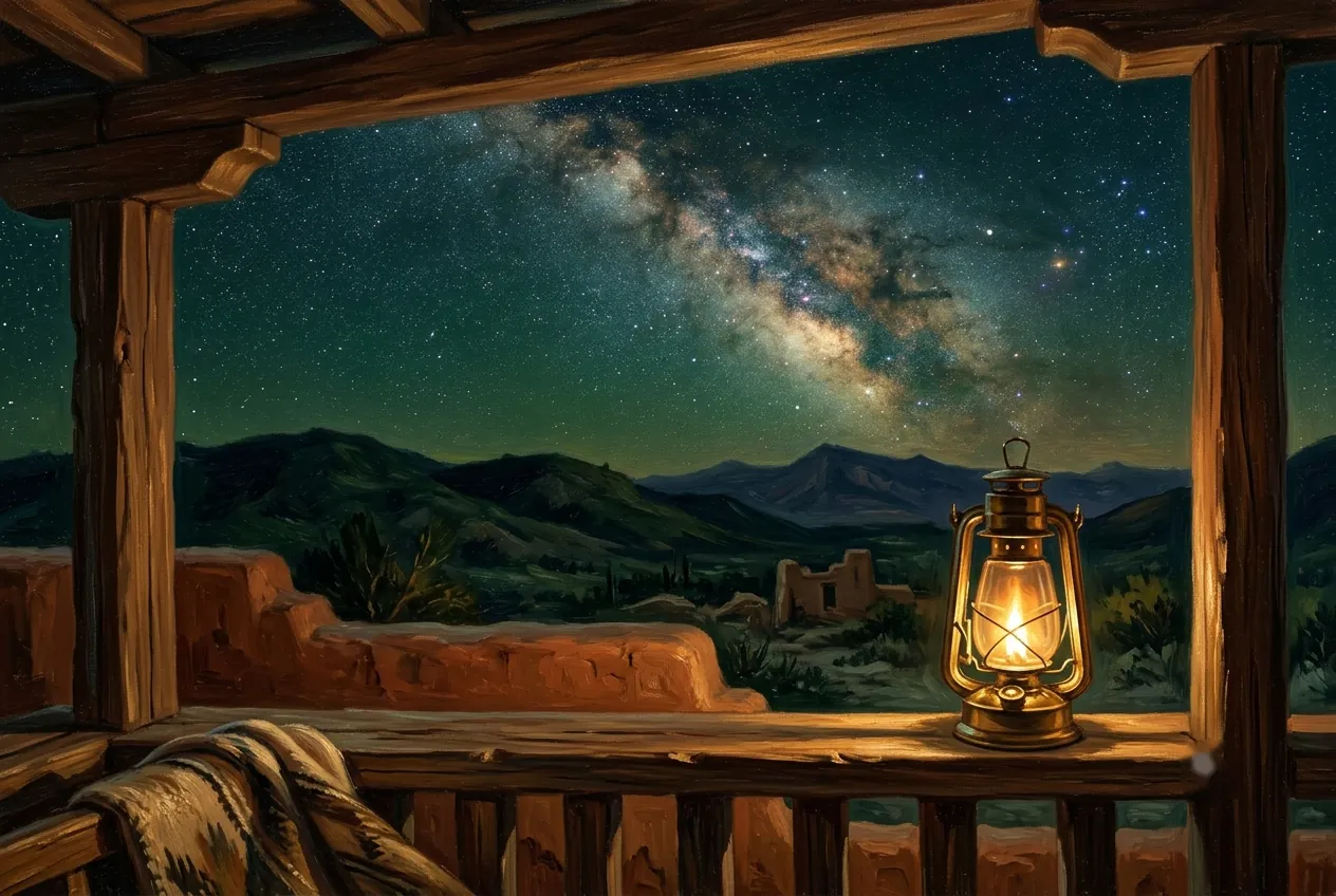 The Milky Way seen from a porch with a lantern