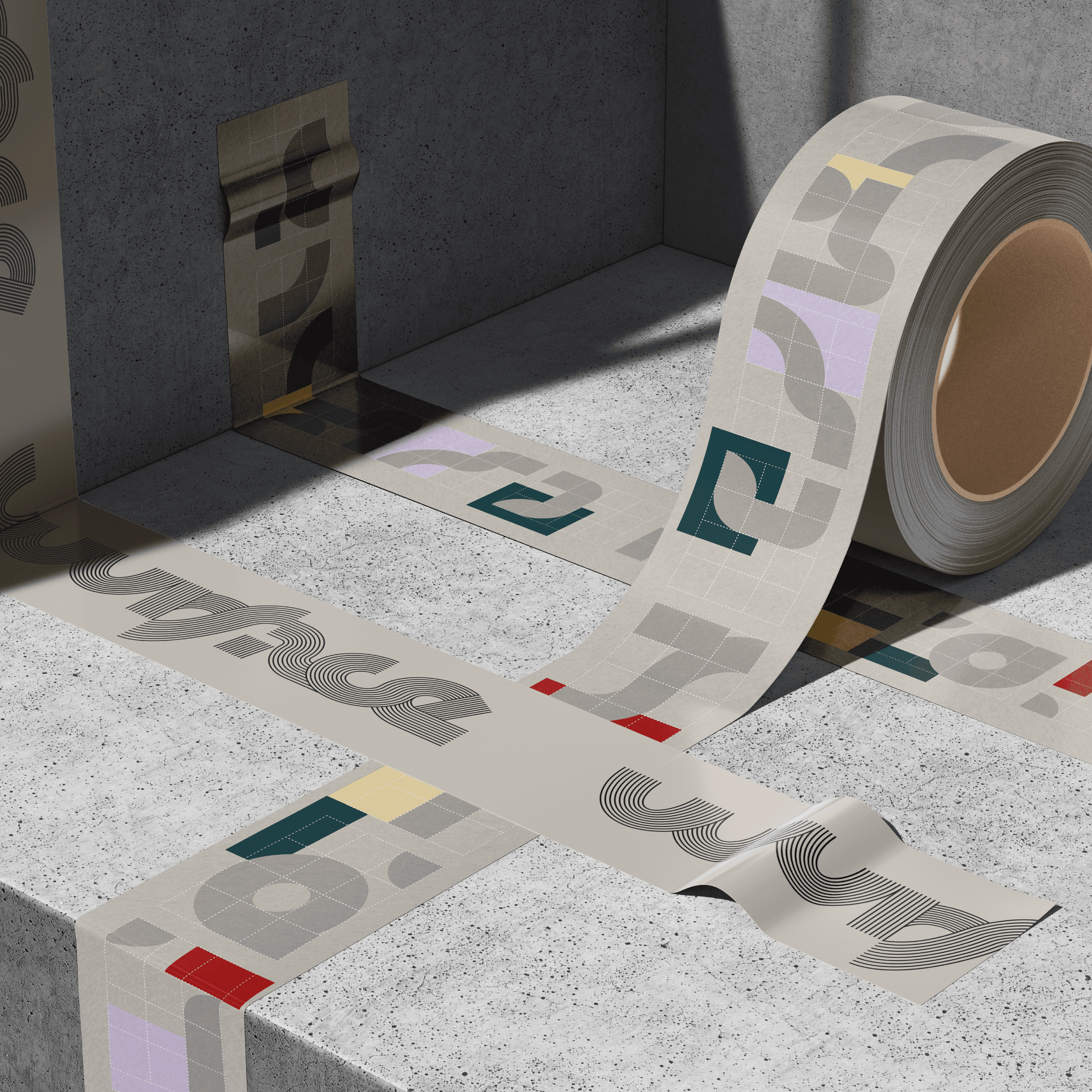 Printed tape showcasing the Wurface modular graphic identity inspired by tile craftsmanship.
