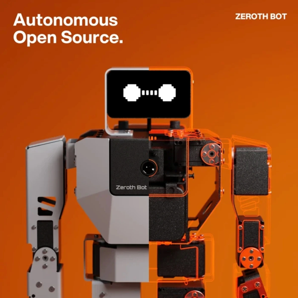This image features a humanoid robot named Zeroth Bot with a digital display for eyes, set against an orange background, accompanied by the text "Autonomous Open Source."