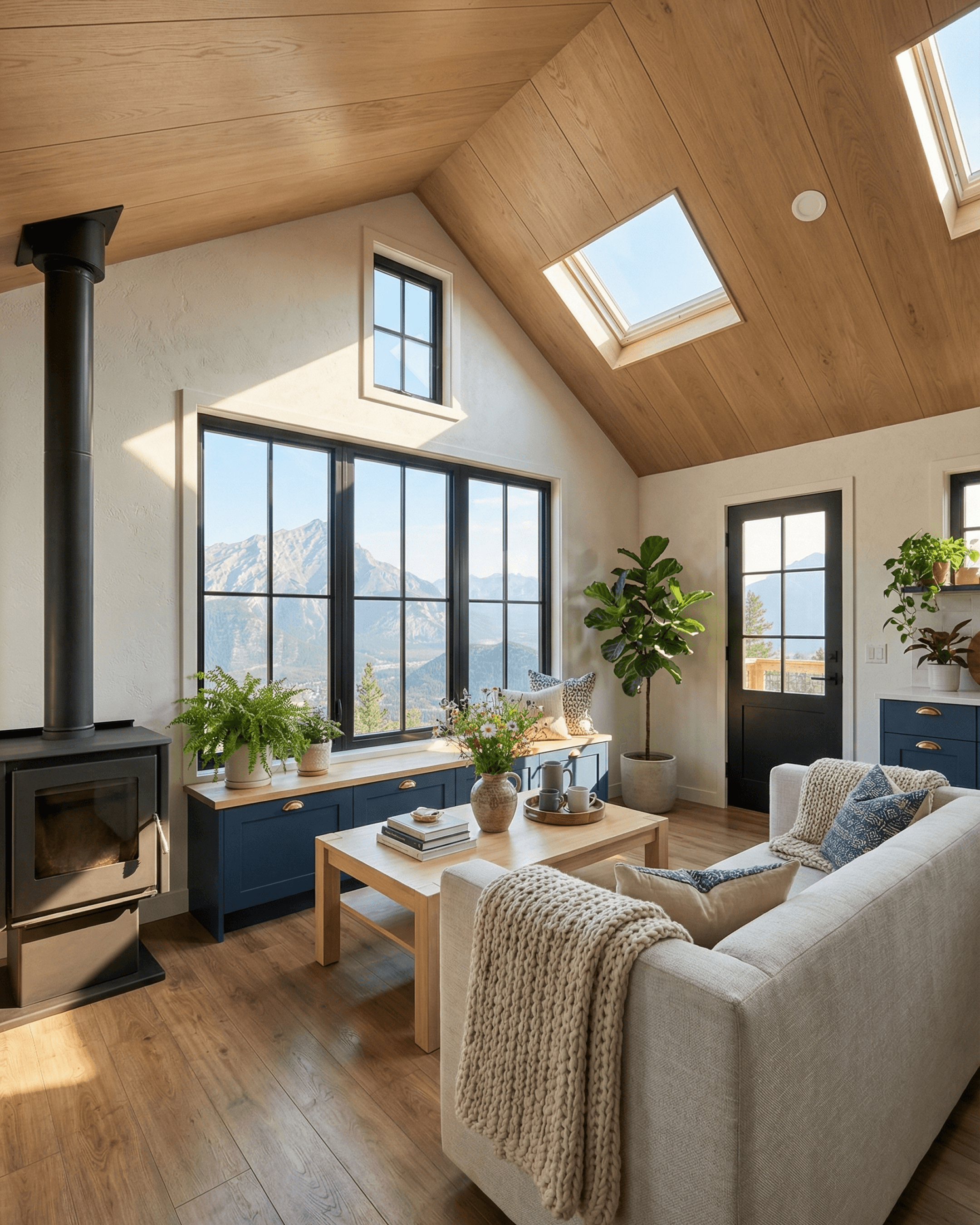 Cozy cabin living room with wood stove, white sofa, blue built-in window seat, black-framed windows, and mountain views.