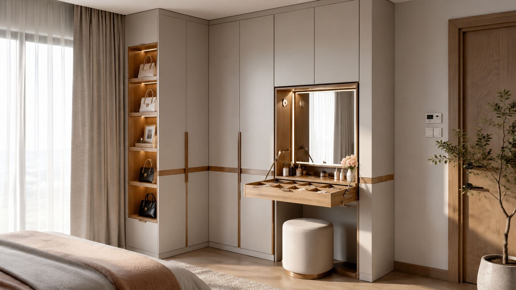 A modern corner wardrobe with integrated vanity, open shelving, and a light-toned wood finish in a bedroom.
