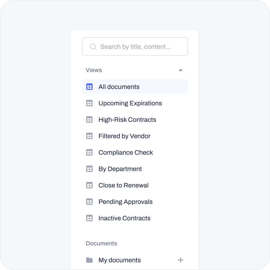 Sidebar menu with document views and filters.