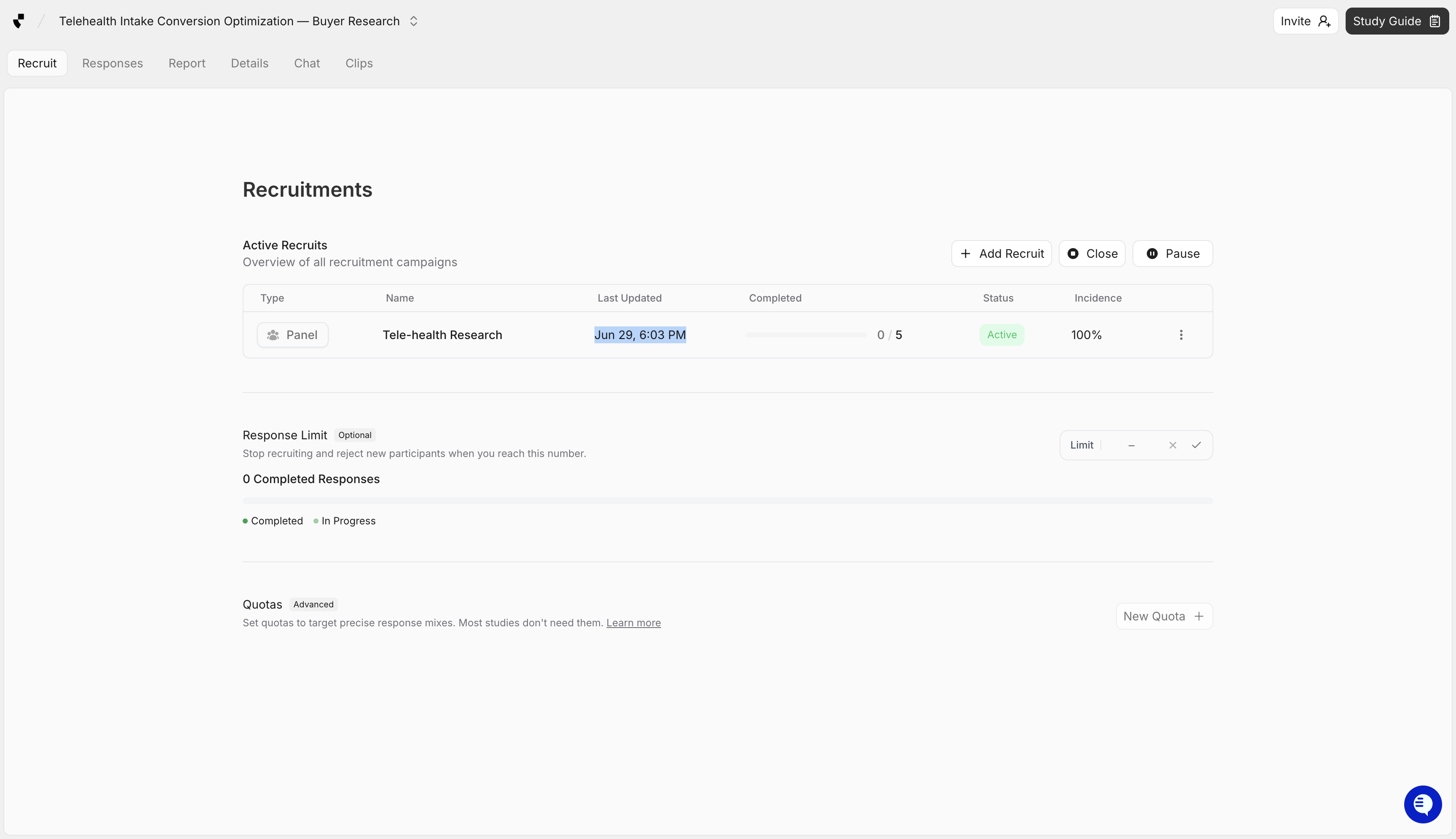 Listen Labs active recruitment dashboard showing zero of five completed responses