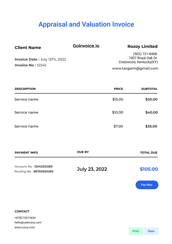 Appraisal and Valuation Invoice