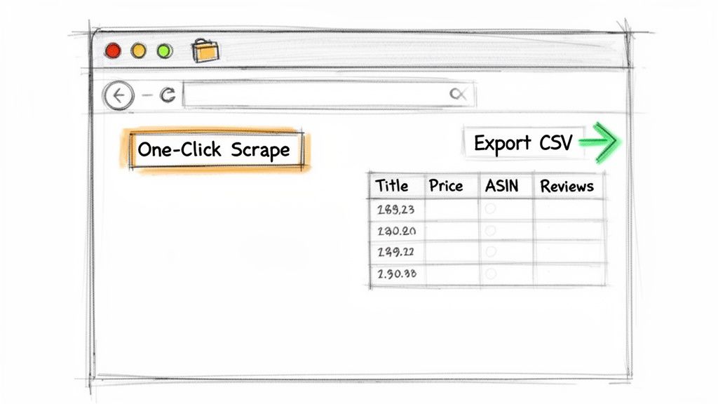 A sketch of a browser showing a 'One-Click Scrape' button and a table with product data.