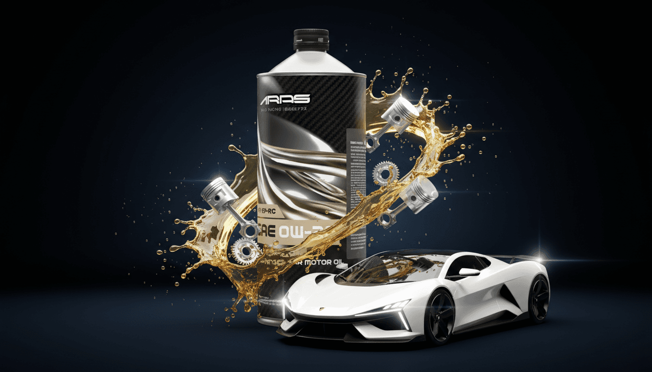 A dark glass bottle with a pump sits on a stone, surrounded by green leaves and textured background.