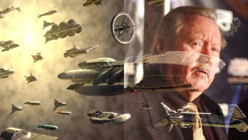 A fleet of futuristic spaceships flies in formation against a cosmic backdrop, merging with a transparent overlay of an older man in a suit with a contemplative expression.