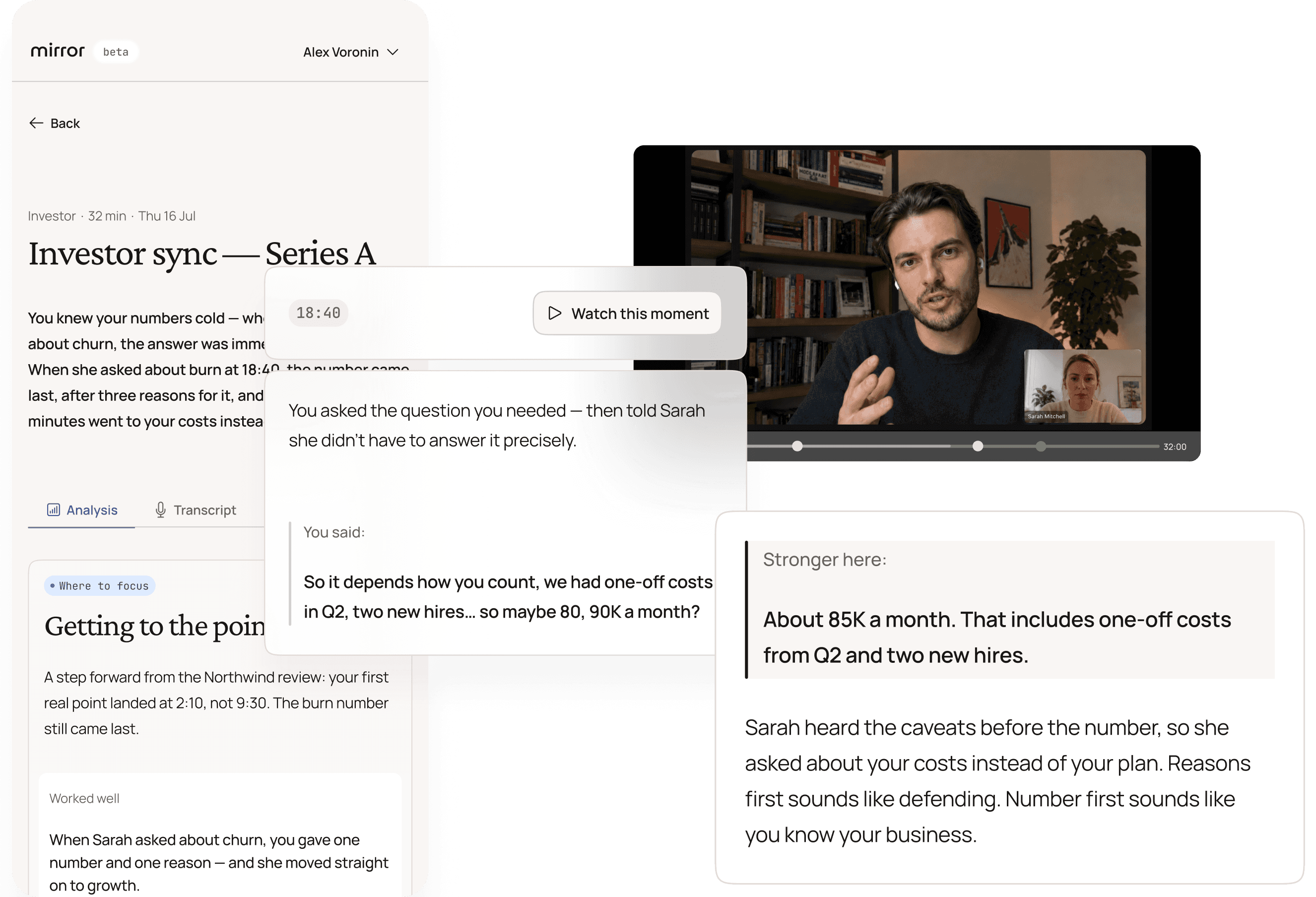 Video meeting player showing Alex Voronin speaking with Sarah Mitchell in a picture-in-picture window.
