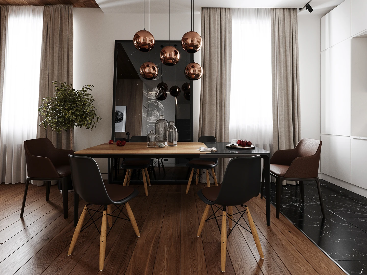 Détail salon — tapis à tissage plat et table en chêne.