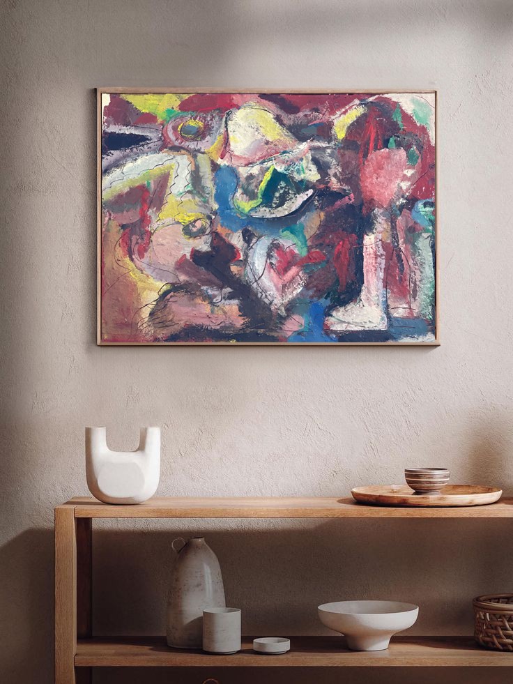 Whims and Fancies by Szuchia Lynn – framed abstract artwork styled in a cozy modern interior with soft lighting