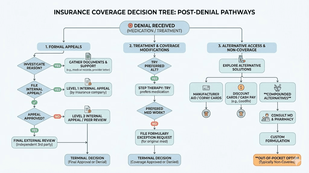 Semaglutide insurance coverage decision tree with denial appeal steps