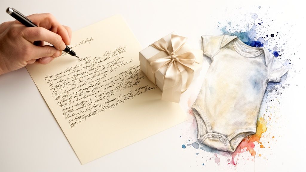 Thoughtful gifts: a handwritten letter, a present, and a watercolor baby onesie with vibrant splashes.