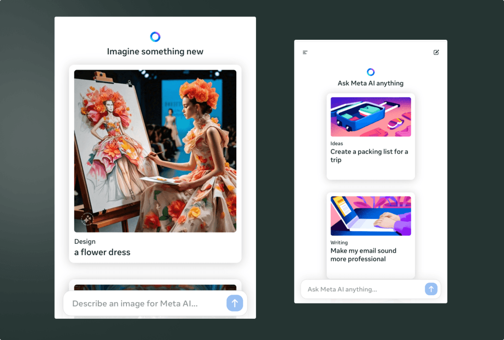 Bildschirme der Meta-AI-App mit Prompts wie Imagine something new und Ask Meta AI anything