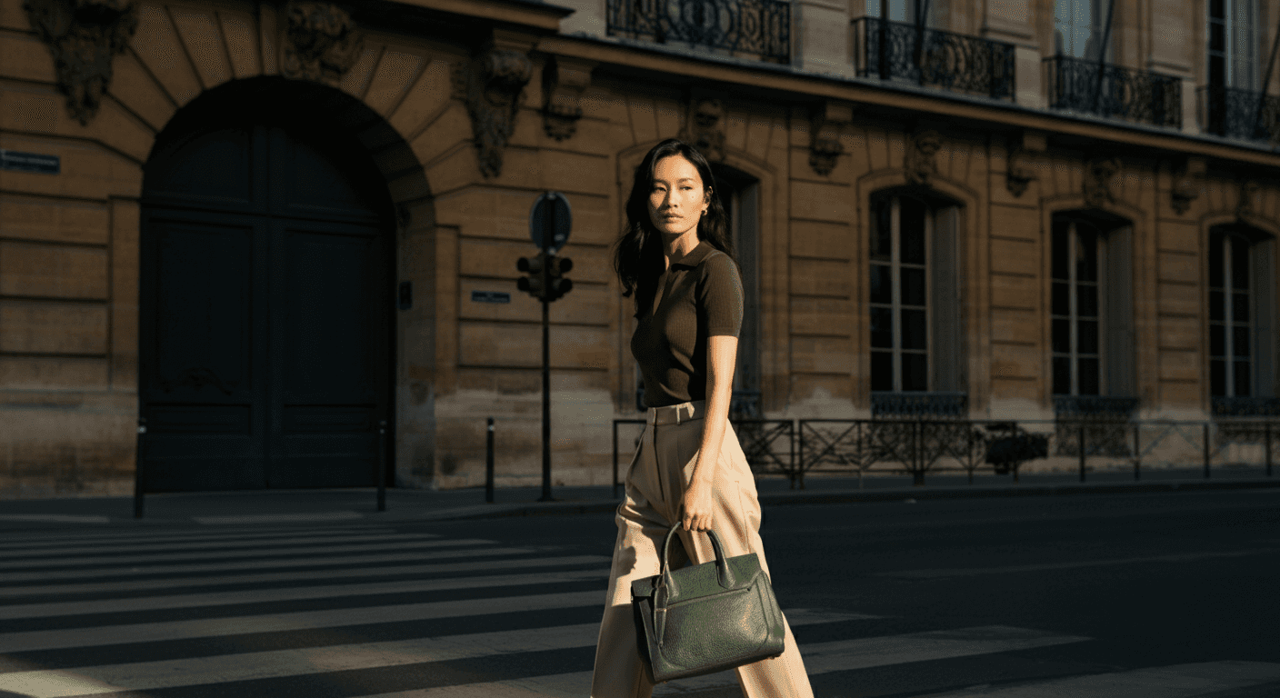 Asian woman walking down the street with a green handbag.