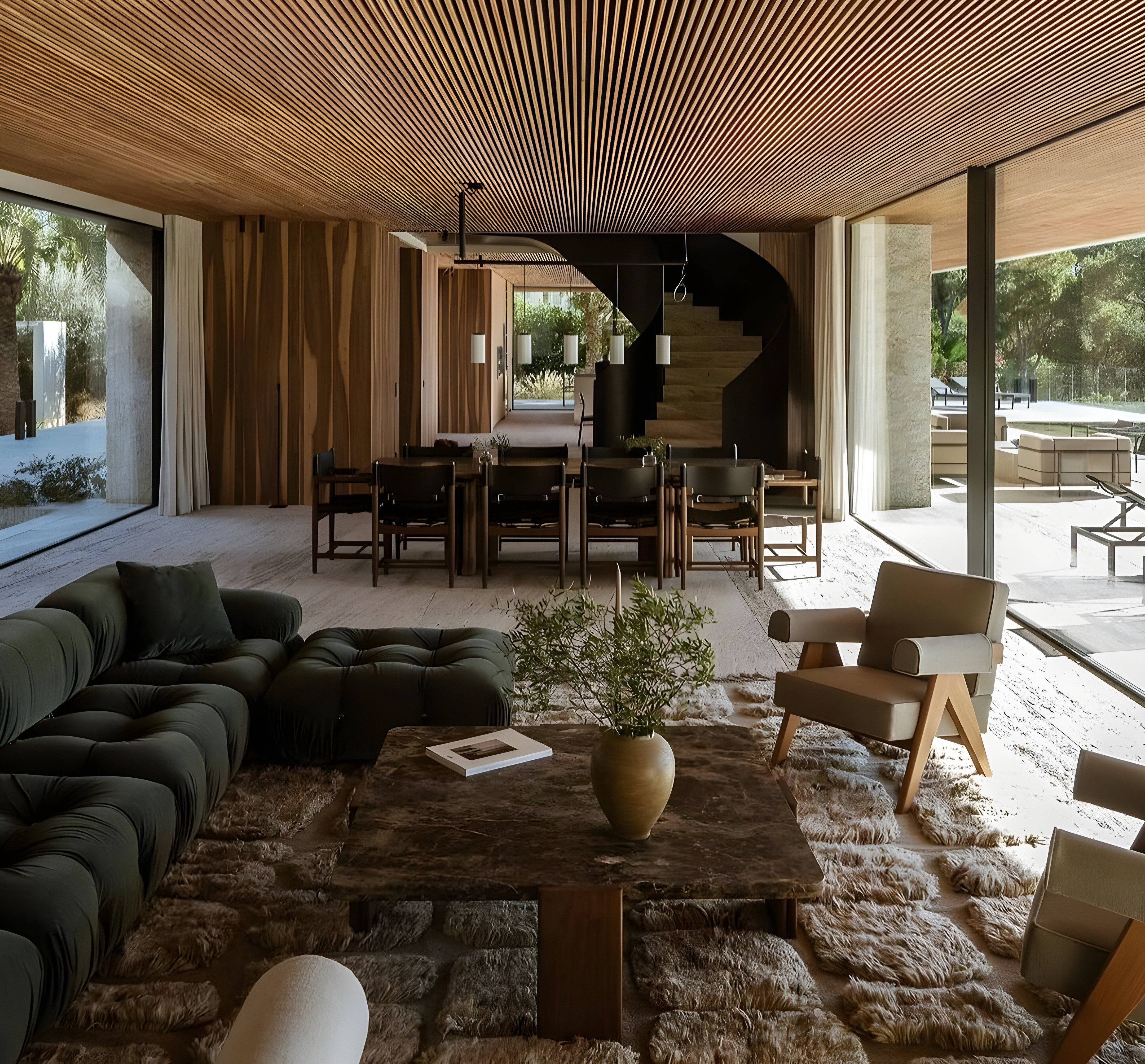 A modern, airy living room with wooden accents, large windows, and a cozy seating area.