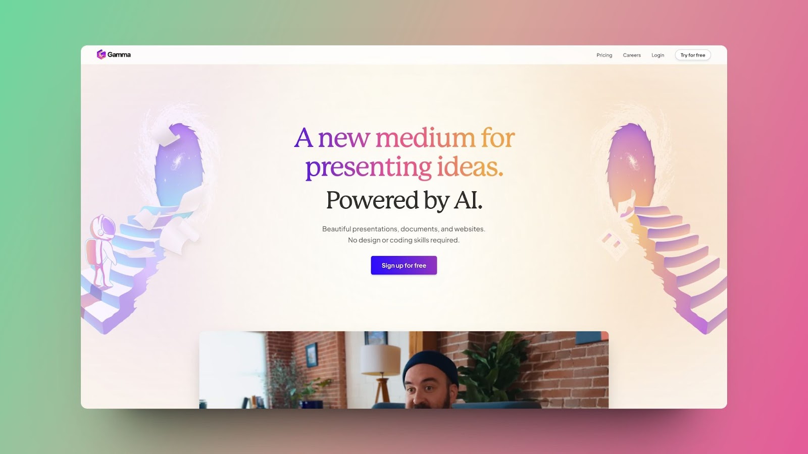 An image of Gamma's homepage introducing a new AI-powered medium for creating presentations, documents, and websites.