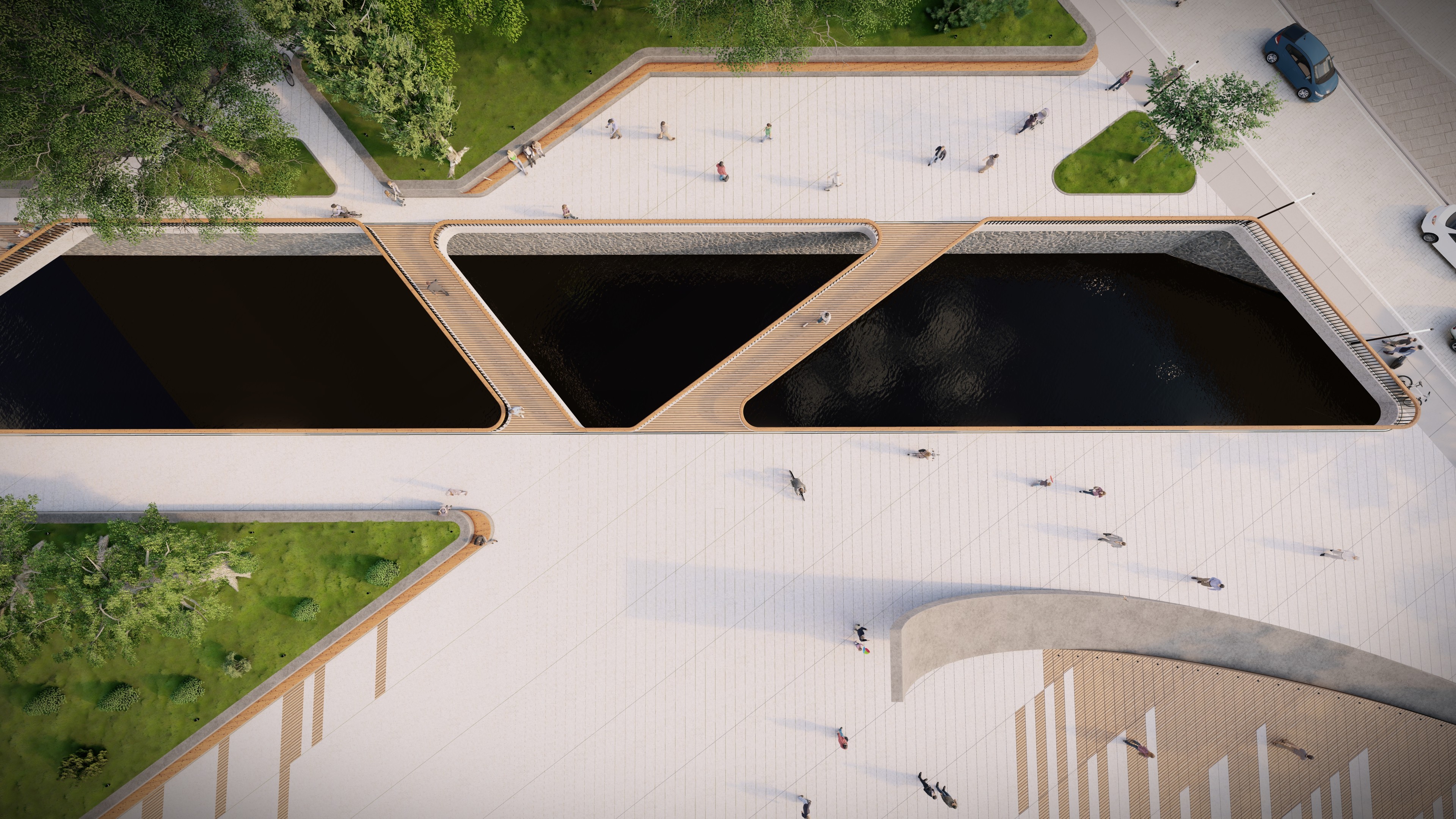 Top view architectural rendering of a modern urban plaza with geometric water features, wooden walkways, green landscape areas, and people walking through the open public space.