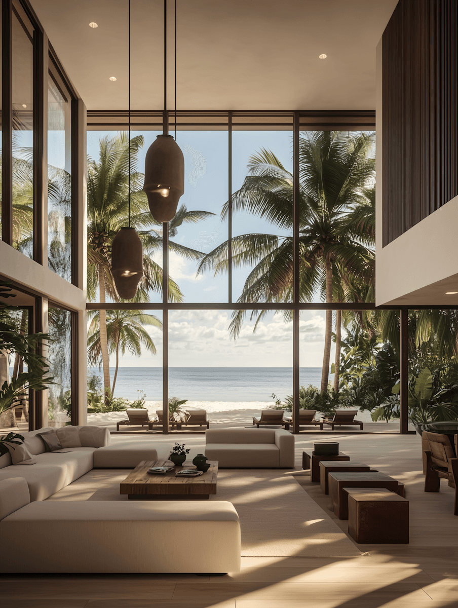luxury beachfront living room with large windows and ocean view