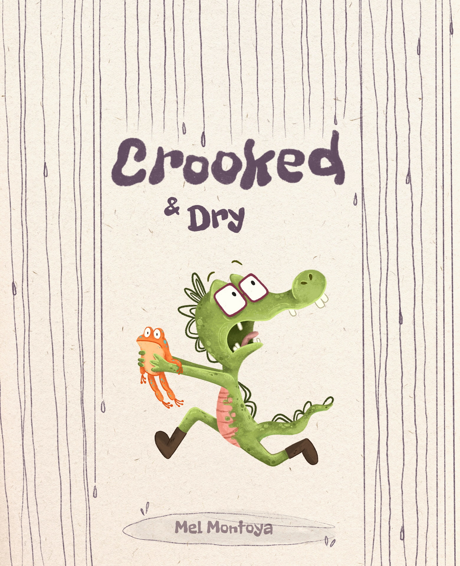 A frightened crocodile running through the rain while holding a frog.