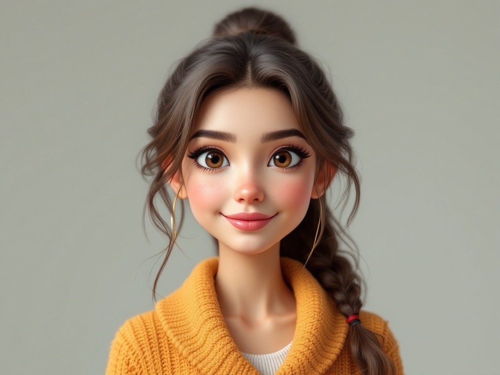 Cartoon girl with brown hair and orange sweater