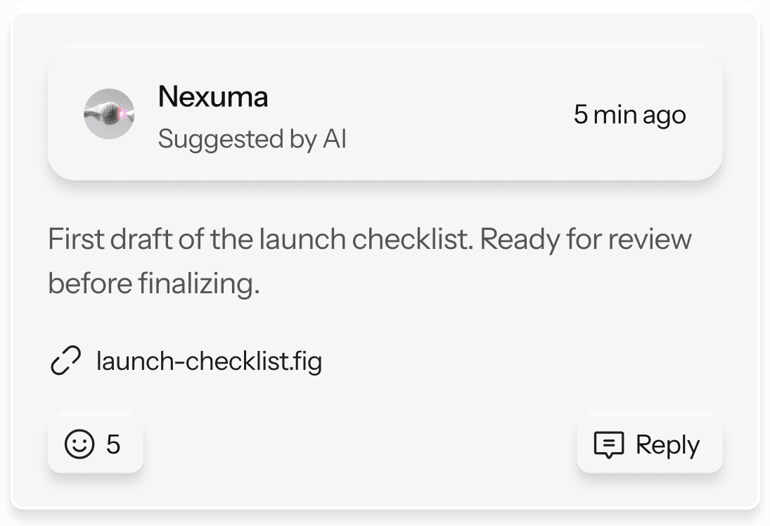 Productivity dashboard interface with system-generated suggestions and a shared Figma file for launch planning