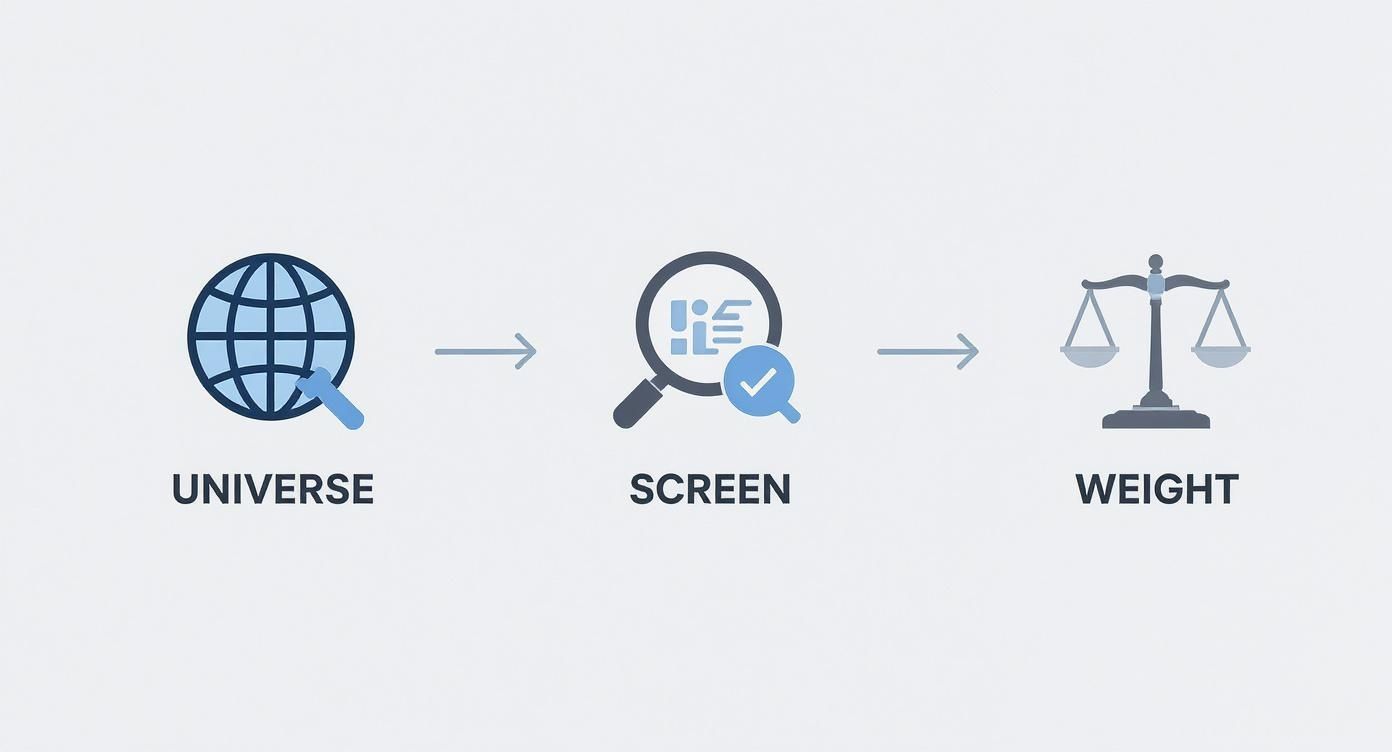 Process flow diagram showing universe to screen to weight methodology with globe, magnifying glass, and scale icons