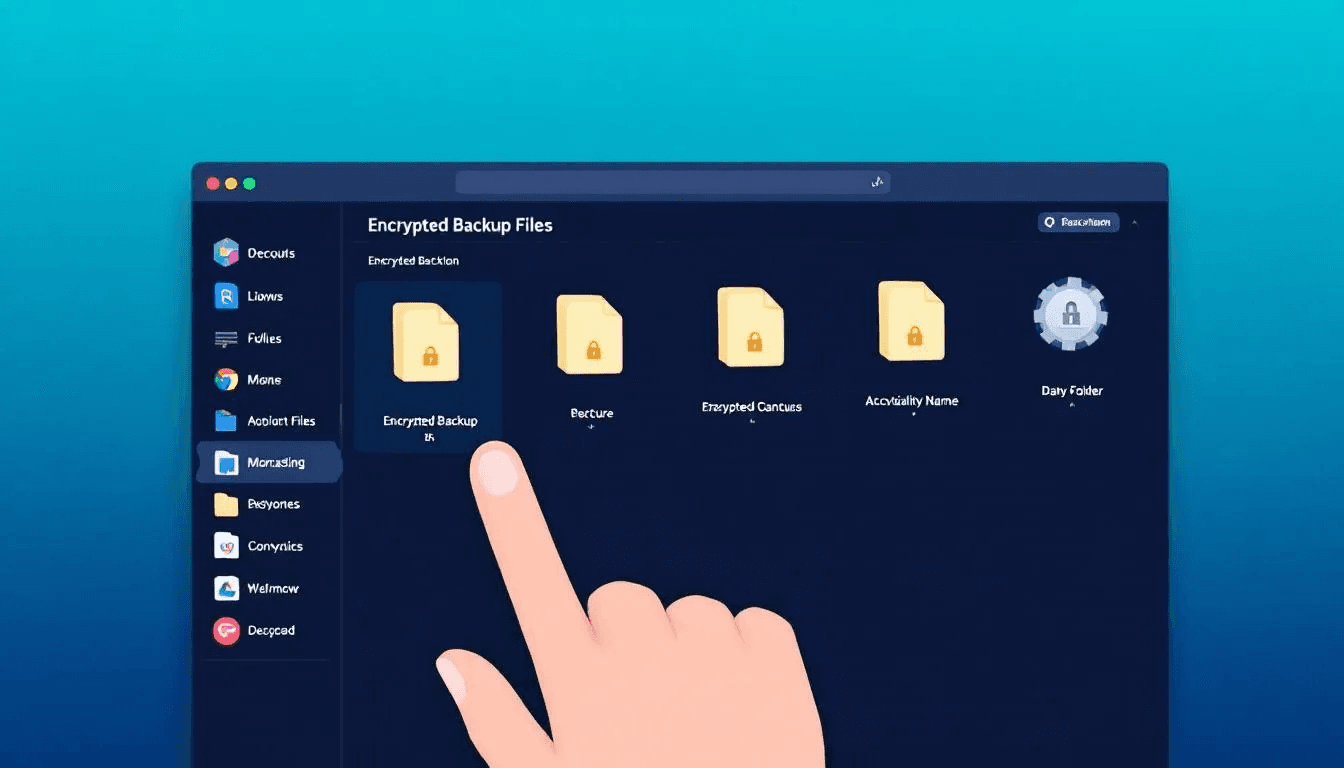 The image depicts a cloud storage interface showcasing encrypted backup files for crypto wallets, emphasizing the importance of securely backing up digital assets. This interface highlights various backup methods, such as recovery phrases and wallet backups, which are crucial for protecting private keys and ensuring access to funds in case of device loss or theft.