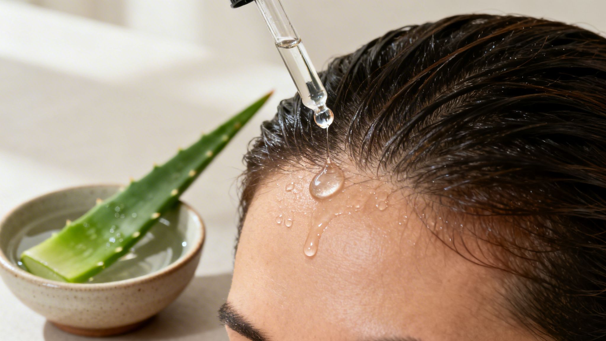 A person applies clear serum to their wet scalp using a dropper, with an aloe vera leaf.