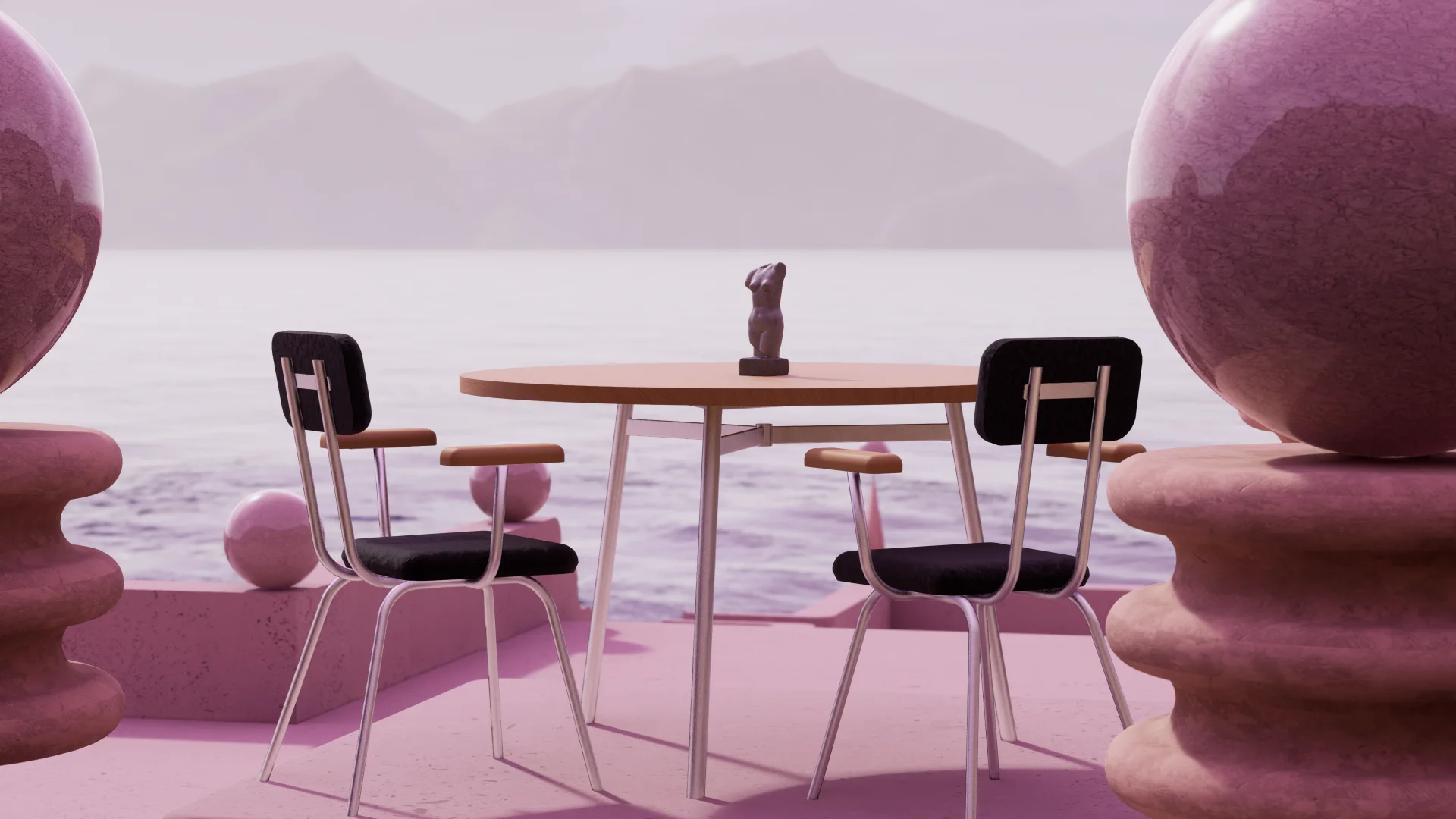 Tienda y Taller 3D render — close-up of chair on pink platform with ocean view
