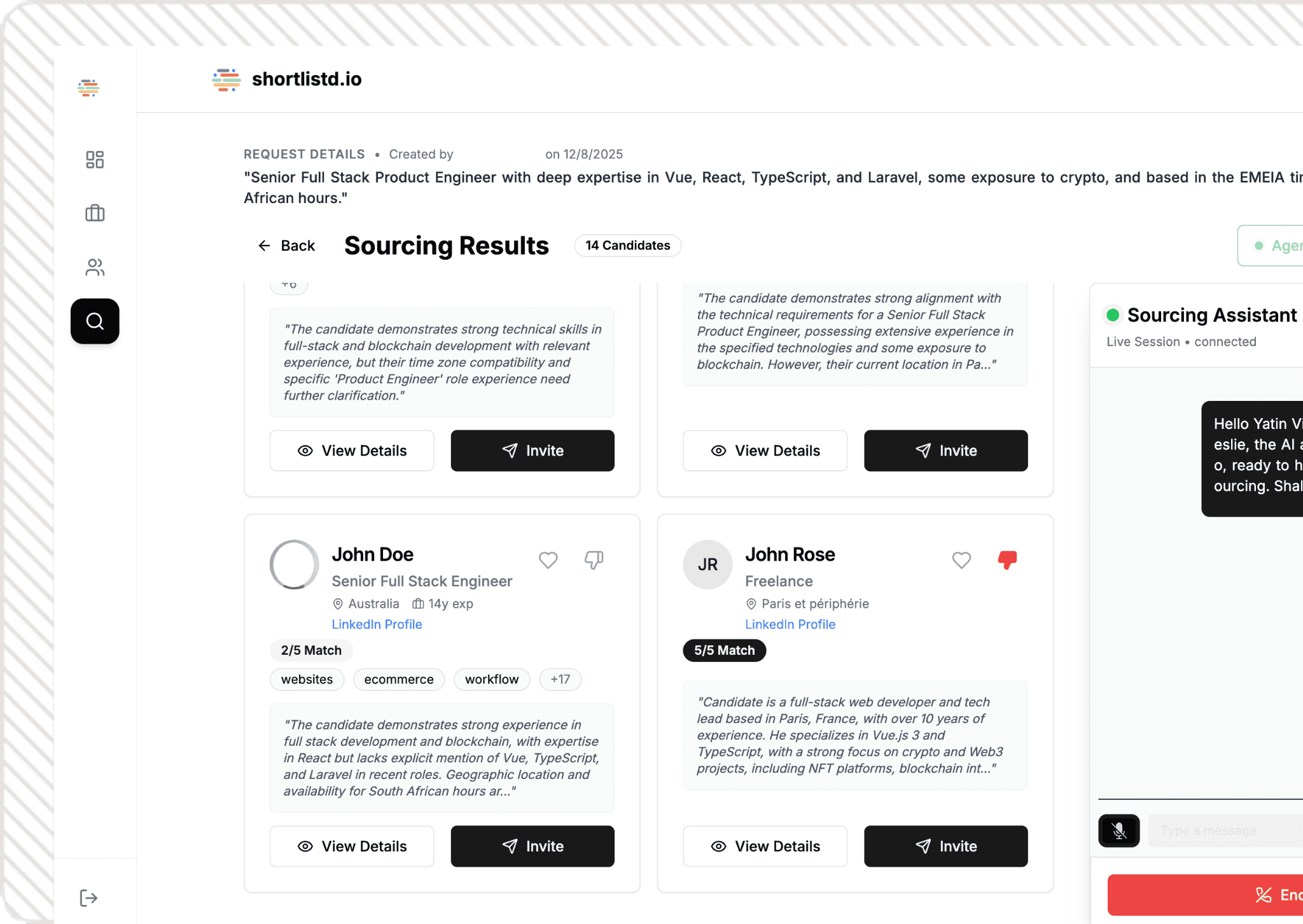 AI-powered candidate matching interface displaying sourced LinkedIn profiles with automated qualification verification and similarity ranking tools