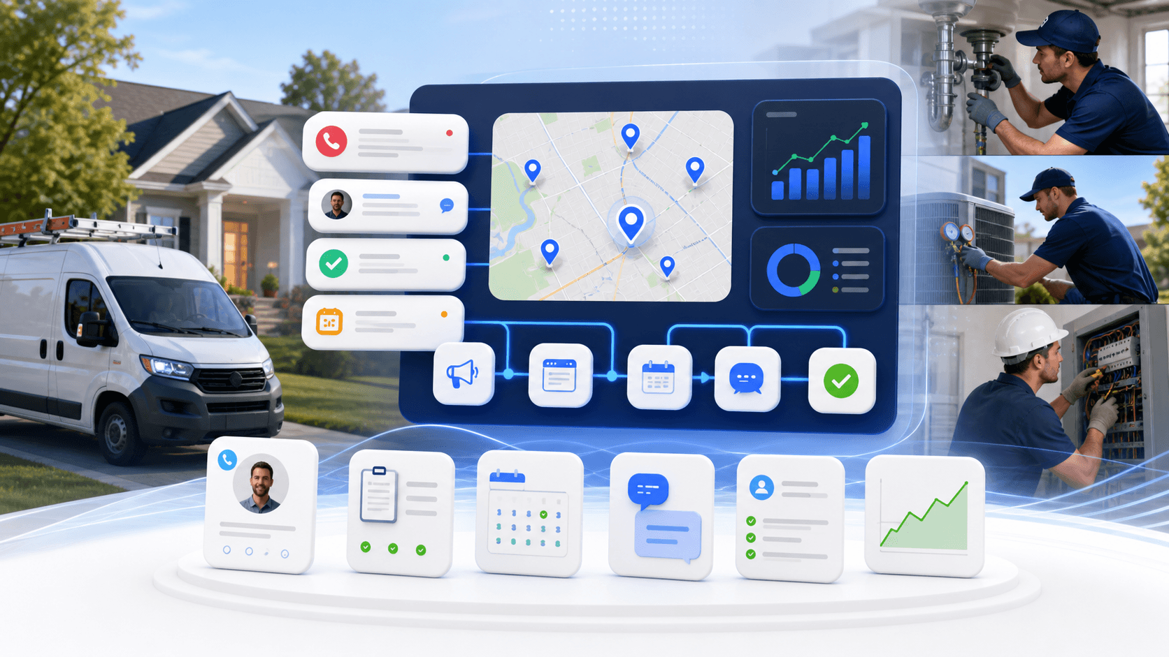 Home service marketing dashboard with emergency call cards, local map pins, repair campaign panels, and follow-up messages