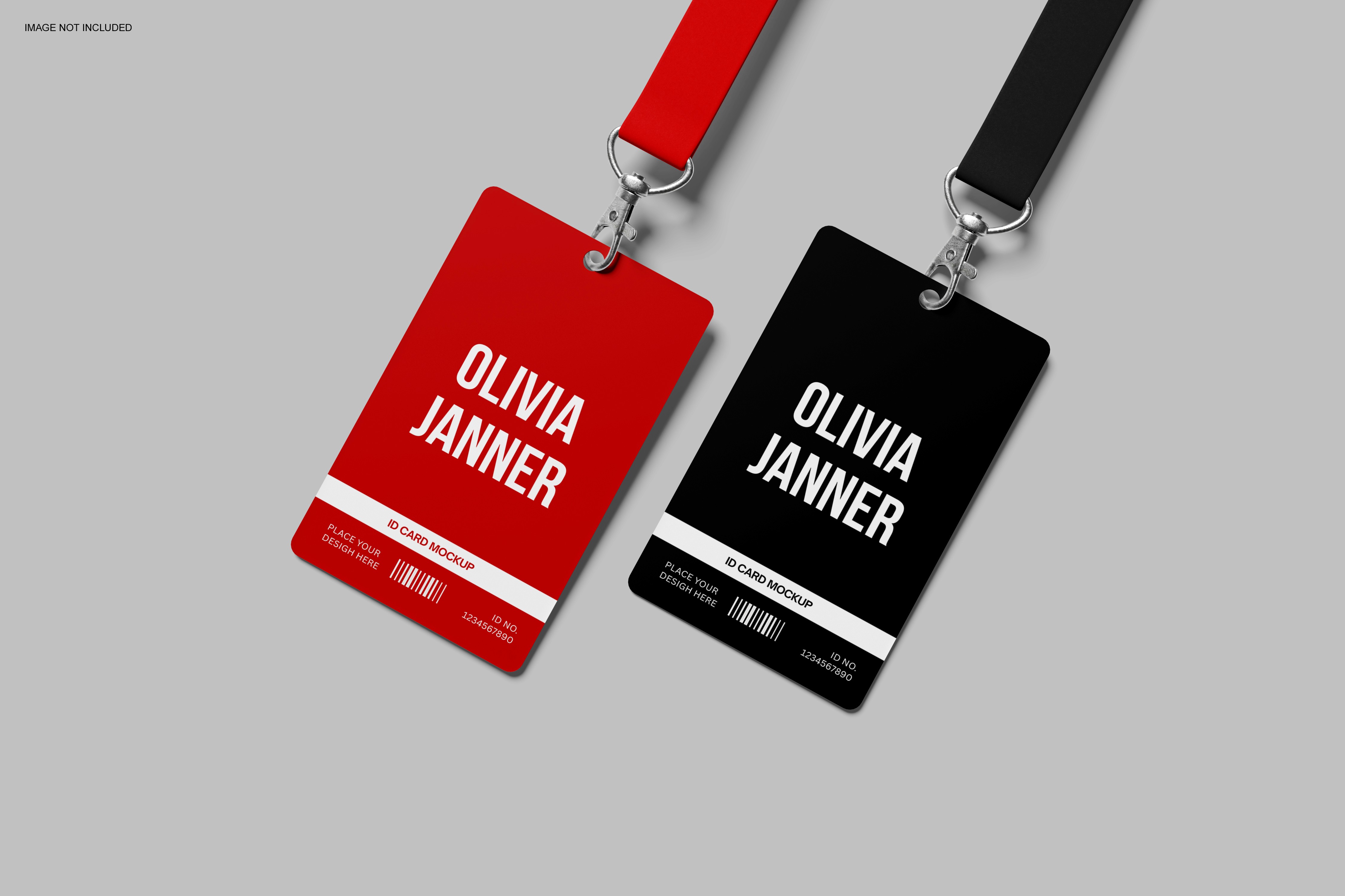 Red and black ID badge mockups with the name “Olivia Janner.”