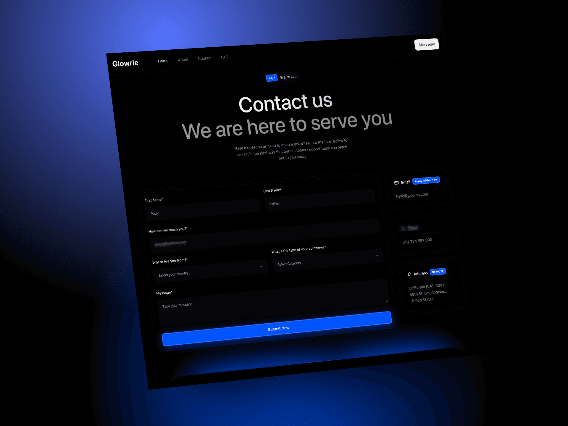 Glowrie, a premium template in Framerstacks for portfolio, agencies, and Saas. This is the contact us page of the website template.