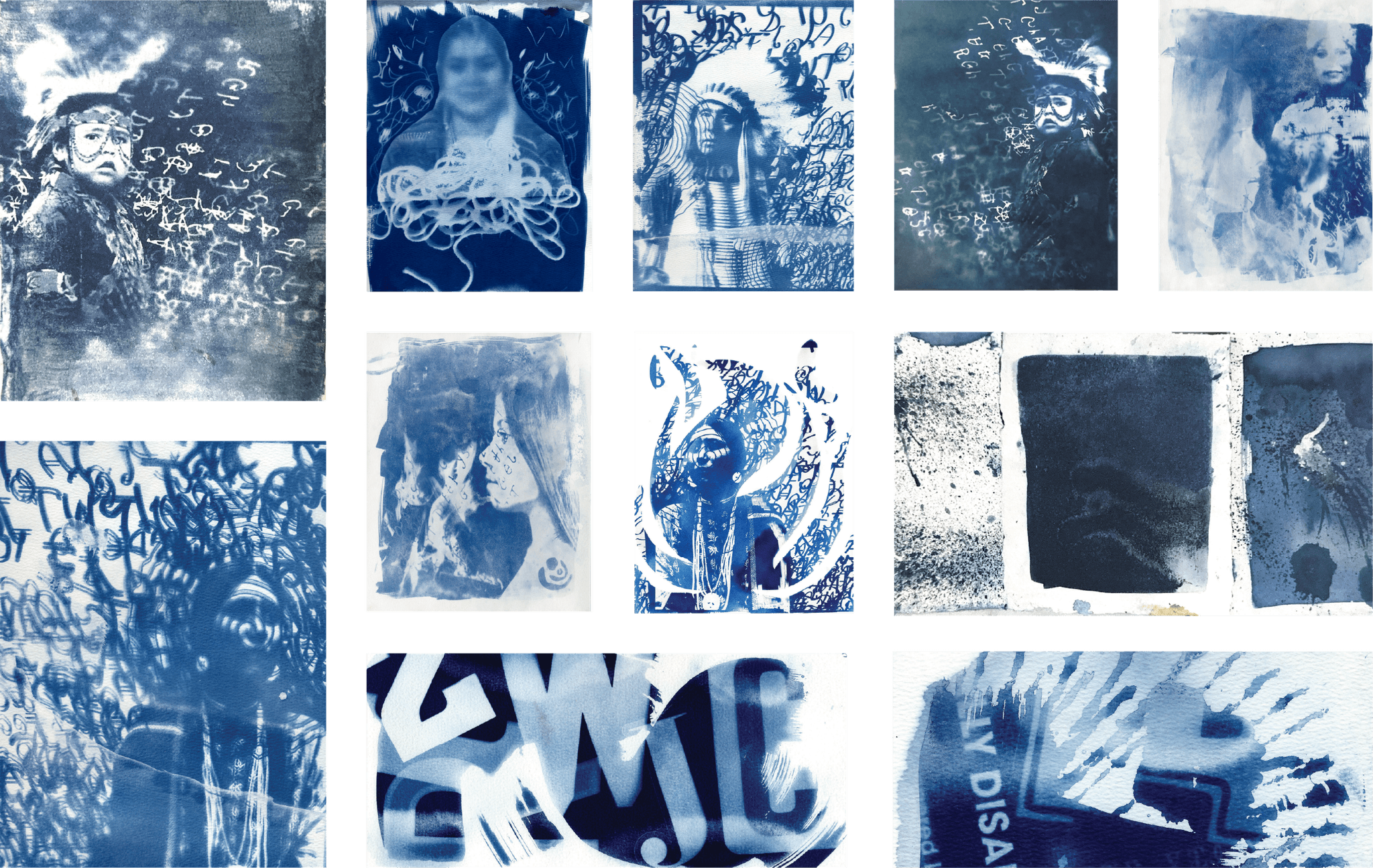Cyanotype process, showing off multiple attempts of indigenous imagery, sun exposure, and textures.