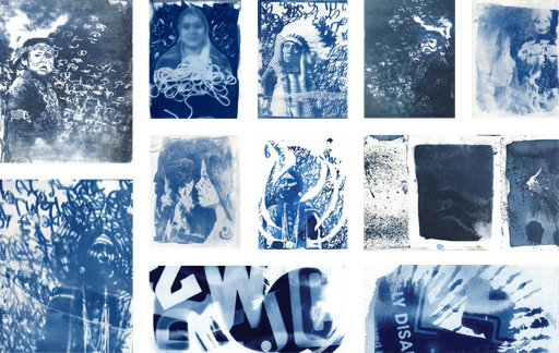 Cyanotype process, showing off multiple attempts of indigenous imagery, sun exposure, and textures.