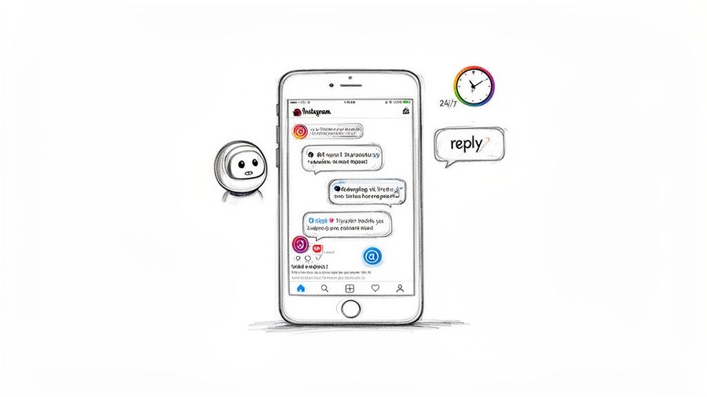 Robot chatbot interacting with Instagram messages on a smartphone, indicating 24/7 automated replies.